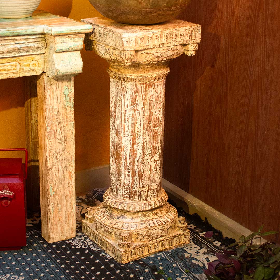Elegance in Wood - Antique White Carved Side Pillar Stand